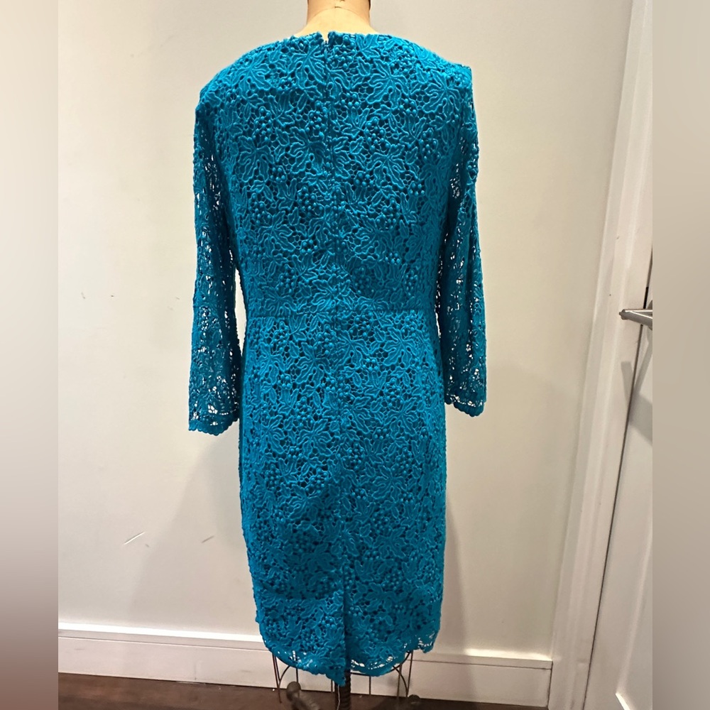 Talbots Teal Blue Long Sleeve Cotton Lace Dress size 10 Fully Lined - Picture 3 of 6